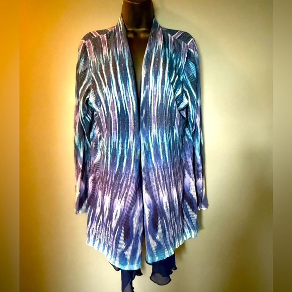 Chicos Women's Sz 2 (US L) Long Sleeve Crepe Trim Blue Print Kimono Cardigan - Picture 2 of 8